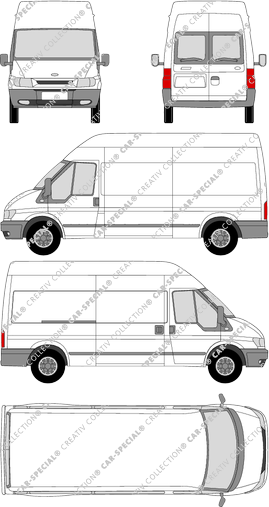 Ford Transit, L, Kastenwagen, Hochdach, Radstand lang, Heck verglast, Rear Wing Doors, 1 Sliding Door (2000)
