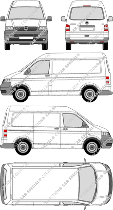 Volkswagen Transporter, T5, Kastenwagen, Mittelhochdach, Heck verglast, Rear Flap, 1 Sliding Door (2003)