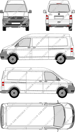 Volkswagen Transporter, T5, furgone, Mittelhochdach, empattement long, vitre arrière, Rear Flap, 2 Sliding Doors (2003)
