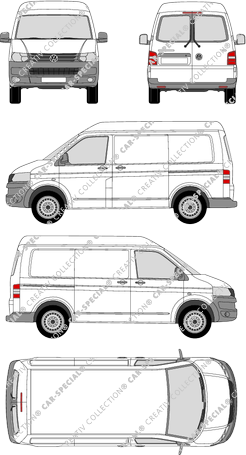 Volkswagen Transporter, T5, Kastenwagen, Mittelhochdach, Heck verglast, Rear Wing Doors, 2 Sliding Doors (2009)