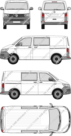 Volkswagen Transporter, T6, Kastenwagen, Normaldach, kurzer Radstand, Heck verglast, Doppelkabine, Rear Flap, 2 Sliding Doors (2015)