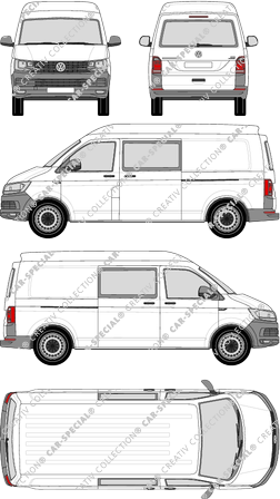 Volkswagen Transporter, T6, Kastenwagen, Mittelhochdach, langer Radstand, Heck verglast, Doppelkabine, Rear Flap, 2 Sliding Doors (2015)
