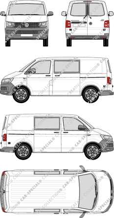 Volkswagen Transporter, T6, Kastenwagen, Normaldach, kurzer Radstand, Heck verglast, Doppelkabine, Rear Wing Doors, 2 Sliding Doors (2015)