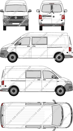Volkswagen Transporter, T6, Kastenwagen, Mittelhochdach, langer Radstand, Heck verglast, Doppelkabine, Rear Wing Doors, 2 Sliding Doors (2015)