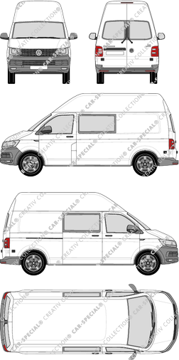 Volkswagen Transporter, T6, Kastenwagen, Hochdach, langer Radstand, Heck verglast, Doppelkabine, Rear Wing Doors, 1 Sliding Door (2015)