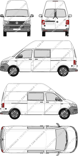 Volkswagen Transporter, T6, Kastenwagen, Hochdach, langer Radstand, Heck verglast, Doppelkabine, Rear Wing Doors, 2 Sliding Doors (2015)