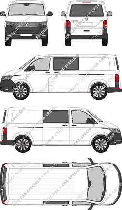Volkswagen Transporter, T6.1, Kastenwagen, Normaldach, langer Radstand, Heck verglast, Doppelkabine, Rear Flap, 2 Sliding Doors (2019)