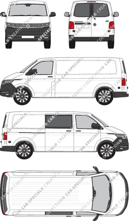 Volkswagen Transporter, T6.1, Kastenwagen, Normaldach, langer Radstand, Heck verglast, rechts teilverglast, Rear Wing Doors, 1 Sliding Door (2019)