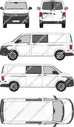 Volkswagen Transporter, T6.1, Kastenwagen, Normaldach, langer Radstand, Heck verglast, Doppelkabine, Rear Wing Doors, 2 Sliding Doors (2019)
