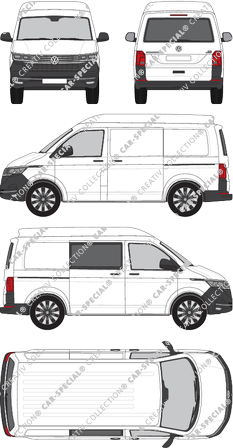 Volkswagen Transporter, T6.1, Kastenwagen, Mittelhochdach, kurzer Radstand, Heck verglast, rechts teilverglast, Rear Flap, 2 Sliding Doors (2019)