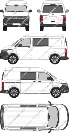 Volkswagen Transporter, T6.1, Kastenwagen, Mittelhochdach, kurzer Radstand, Heck verglast, Doppelkabine, Rear Flap, 1 Sliding Door (2019)
