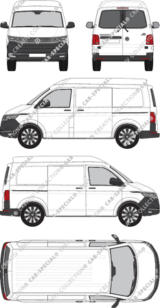 Volkswagen Transporter, T6.1, Kastenwagen, Mittelhochdach, kurzer Radstand, Heck verglast, Rear Wing Doors, 2 Sliding Doors (2019)