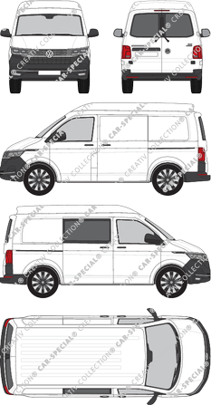 Volkswagen Transporter, T6.1, Kastenwagen, Mittelhochdach, kurzer Radstand, Heck verglast, rechts teilverglast, Rear Wing Doors, 2 Sliding Doors (2019)