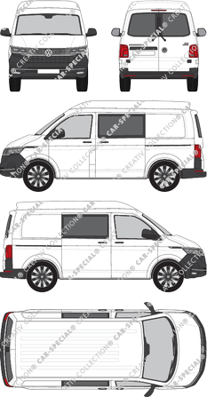 Volkswagen Transporter, T6.1, Kastenwagen, Mittelhochdach, kurzer Radstand, Heck verglast, Doppelkabine, Rear Wing Doors, 2 Sliding Doors (2019)