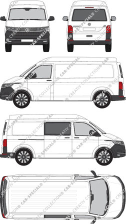 Volkswagen Transporter, T6.1, Kastenwagen, Mittelhochdach, langer Radstand, Heck verglast, rechts teilverglast, Rear Flap, 1 Sliding Door (2019)