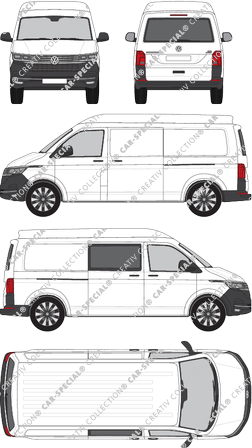 Volkswagen Transporter, T6.1, Kastenwagen, Mittelhochdach, langer Radstand, Heck verglast, rechts teilverglast, Rear Flap, 2 Sliding Doors (2019)