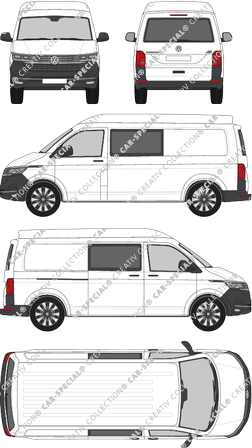 Volkswagen Transporter, T6.1, Kastenwagen, Mittelhochdach, langer Radstand, Heck verglast, Doppelkabine, Rear Flap, 1 Sliding Door (2019)