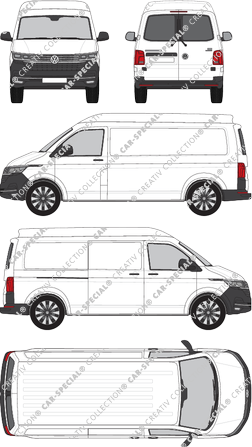 Volkswagen Transporter, T6.1, Kastenwagen, Mittelhochdach, langer Radstand, Heck verglast, Rear Wing Doors, 1 Sliding Door (2019)