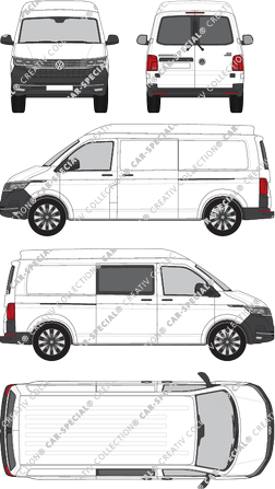 Volkswagen Transporter, T6.1, Kastenwagen, Mittelhochdach, langer Radstand, Heck verglast, rechts teilverglast, Rear Wing Doors, 2 Sliding Doors (2019)