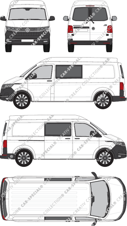 Volkswagen Transporter, T6.1, Kastenwagen, Mittelhochdach, langer Radstand, Heck verglast, Doppelkabine, Rear Wing Doors, 1 Sliding Door (2019)