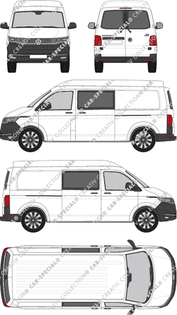 Volkswagen Transporter, T6.1, Kastenwagen, Mittelhochdach, langer Radstand, Heck verglast, Doppelkabine, Rear Wing Doors, 2 Sliding Doors (2019)