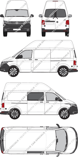 Volkswagen Transporter, T6.1, Kastenwagen, Hochdach, langer Radstand, Heck verglast, rechts teilverglast, Rear Wing Doors, 2 Sliding Doors (2019)