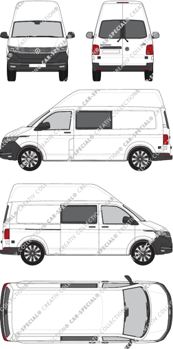 Volkswagen Transporter, T6.1, Kastenwagen, Hochdach, langer Radstand, Heck verglast, Doppelkabine, Rear Wing Doors, 1 Sliding Door (2019)