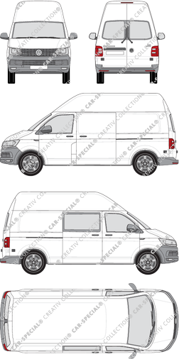 Volkswagen Transporter, T6, Kastenwagen, Hochdach, langer Radstand, Heck verglast, rechts teilverglast, Rear Wing Doors, 2 Sliding Doors (2015)
