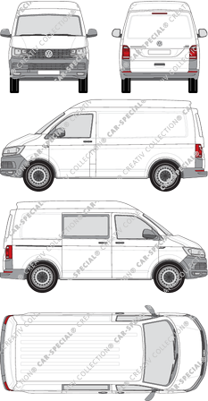 Volkswagen Transporter, T6, Kastenwagen, Mittelhochdach, kurzer Radstand, rechts teilverglast, Rear Flap, 1 Sliding Door (2015)