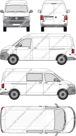 Volkswagen Transporter, T6, Kastenwagen, Mittelhochdach, langer Radstand, rechts teilverglast, Rear Wing Doors, 2 Sliding Doors (2015)