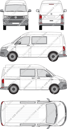 Volkswagen Transporter, T6, Kastenwagen, Mittelhochdach, kurzer Radstand, Doppelkabine, Rear Flap, 1 Sliding Door (2015)