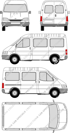 Ford Transit, microbús, tejado medio, paso de rueda corto, Rear Wing Doors, 1 Sliding Door (1994)