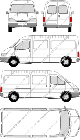 Ford Transit, furgón, tejado medio, paso de rueda largo, ventana de parte trasera, Rear Wing Doors, 1 Sliding Door (1994)
