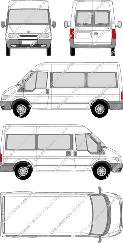 Ford Transit, M, microbús, paso de rueda medio, Rear Wing Doors, 1 Sliding Door (2000)