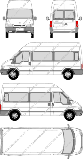 Ford Transit, L, microbús, tejado alto, paso de rueda largo, Rear Wing Doors, 1 Sliding Door (2000)