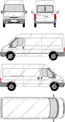 Ford Transit, L, furgone, empattement long, vitre arrière, Rear Wing Doors, 1 Sliding Door (2000)