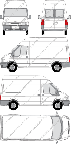 Ford Transit, M, furgón, tejado alto, paso de rueda medio, ventana de parte trasera, Rear Wing Doors, 1 Sliding Door (2000)