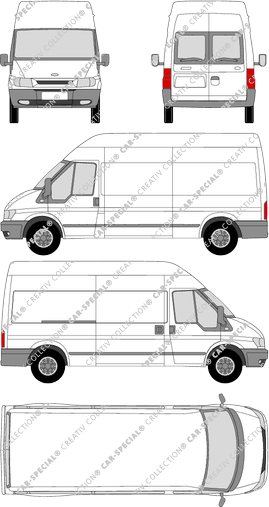 Ford Transit, L, fourgon, toit haut, Radstand lang, Heck verglast, Rear Wing Doors, 1 Sliding Door (2000)