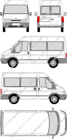 Ford Transit, K, microbús, tejado medio, paso de rueda corto, Rear Wing Doors, 1 Sliding Door (2000)