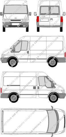 Ford Transit, K, furgón, tejado medio, paso de rueda corto, ventana de parte trasera, Rear Wing Doors, 1 Sliding Door (2000)