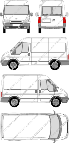 Ford Transit, K, fourgon, toit moyen, Radstand kurz, Heck verglast, Rear Wing Doors, 1 Sliding Door (2000)