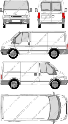 Ford Transit, K, furgón, azotea, paso de rueda corto, ventana de parte trasera, Rear Wing Doors, 1 Sliding Door (2000)