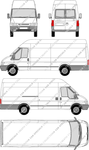 Ford Transit, L Jumbo, Kastenwagen, Hochdach, Radstand lang, Heck verglast, Rear Wing Doors, 1 Sliding Door (2000)