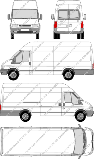 Ford Transit, L Jumbo, furgone, tetto alto, empattement long, vitre arrière, Rear Wing Doors, 1 Sliding Door (2000)