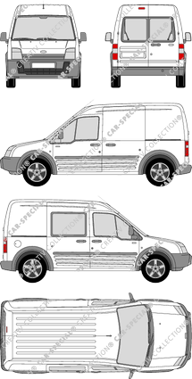 Ford Transit Connect, Kastenwagen, Hochdach, Radstand lang, Heck verglast, rechts teilverglast, Rear Wing Doors, 2 Sliding Doors (2006)