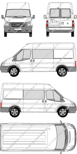 Ford Transit, furgone, Mittelhochdach, empattement  moyen, vitre arrière, Doppelkabine, Rear Wing Doors, 2 Sliding Doors (2006)