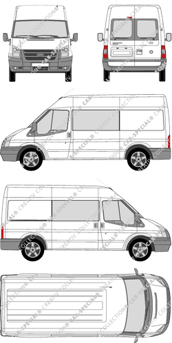 Ford Transit, furgón, tejado medio, paso de rueda medio, ventana de parte trasera, cabina doble, Rear Wing Doors, 1 Sliding Door (2006)