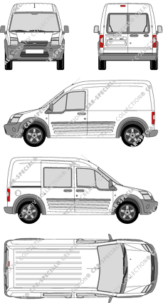 Ford Transit Connect, furgone, tetto alto, empattement long, Heck verglast, rechts teilverglast, Rear Wing Doors, 1 Sliding Door (2009)