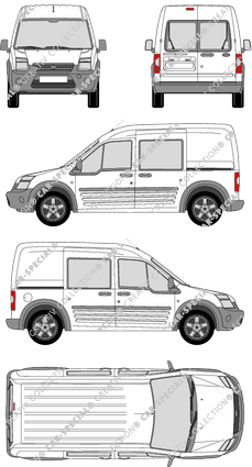 Ford Transit Connect, furgone, tetto alto, empattement long, vitre arrière, Doppelkabine, Rear Wing Doors, 2 Sliding Doors (2009)