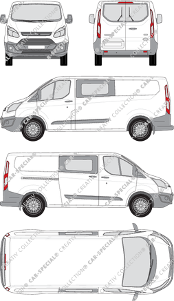 Ford Transit Custom, furgone, L2, vitre arrière, Doppelkabine, Rear Wing Doors, 1 Sliding Door (2012)